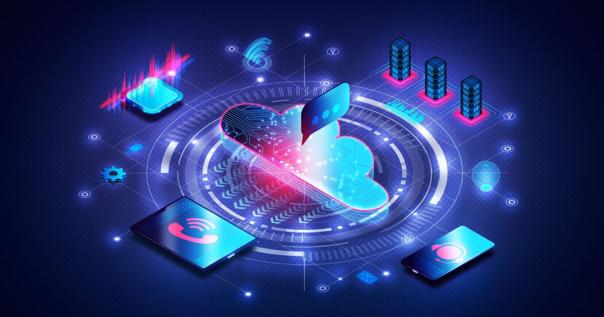 Isometric illustration depicting cloud computing technology, showcasing clouds and digital data connections in a modern design.
