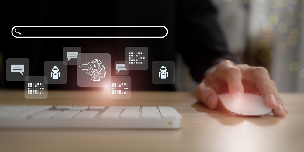 Businesswoman using a mouse to search online, surrounded by icons representing artificial intelligence technology.
