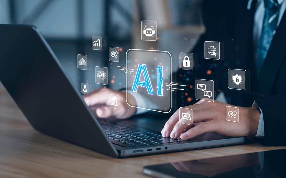 Image illustrating the integration of AI in future work environments, highlighting collaboration between machines and human workers.