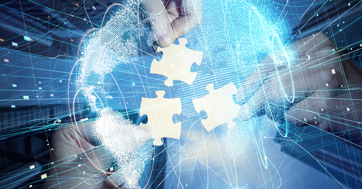 Three individuals hold jigsaw puzzle pieces, symbolizing collaboration in the future of the Internet of Things.