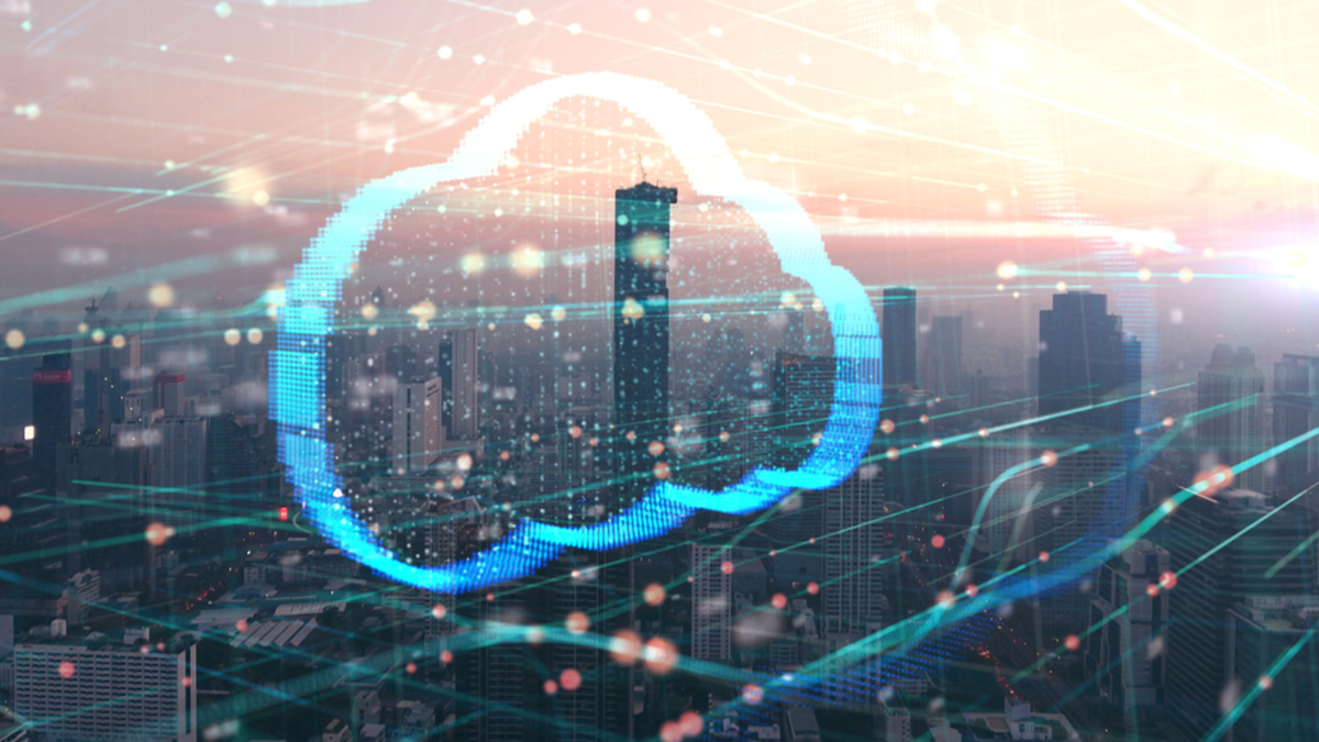 An illustration of a cloud moving towards a city, signifying the rise of cloud technology in urban environments.