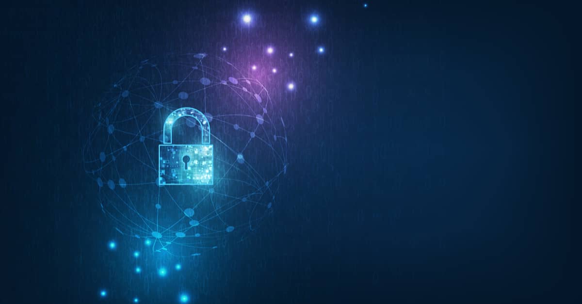 A padlock illuminated against a dark background, surrounded by glowing dots, symbolizing security and protection.