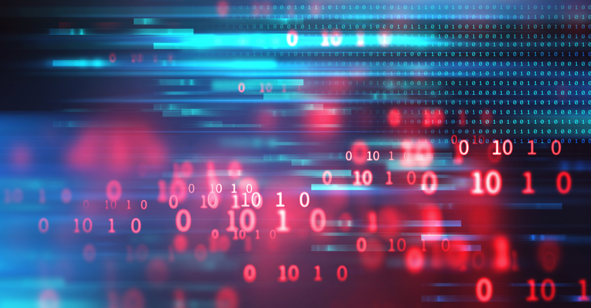 Background of binary code illuminated by red and blue lights, creating a digital and futuristic atmosphere.