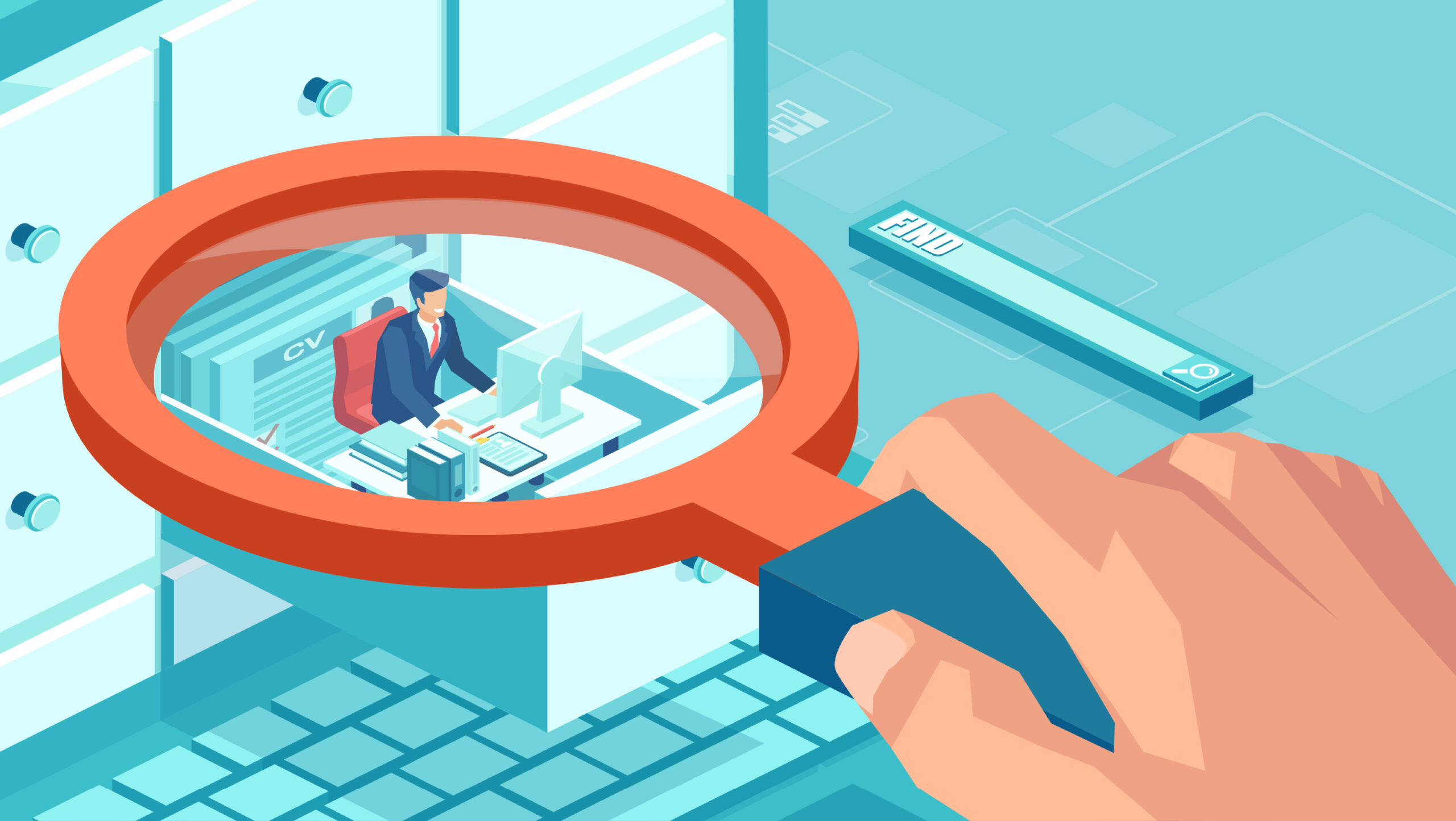 A magnifying glass on a desk, focusing on a man in a suit, suggesting surveillance of an employee.