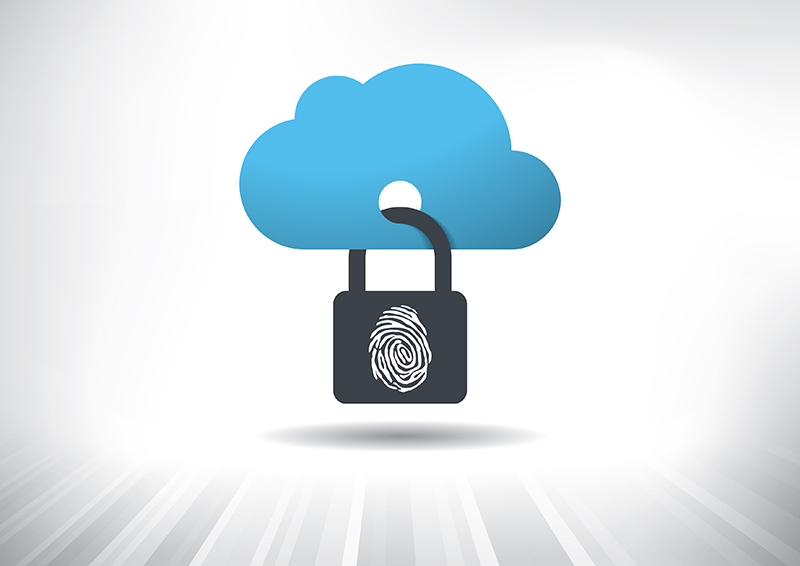 Illustration of cloud security with a fingerprint and padlock, representing secure access and data protection.