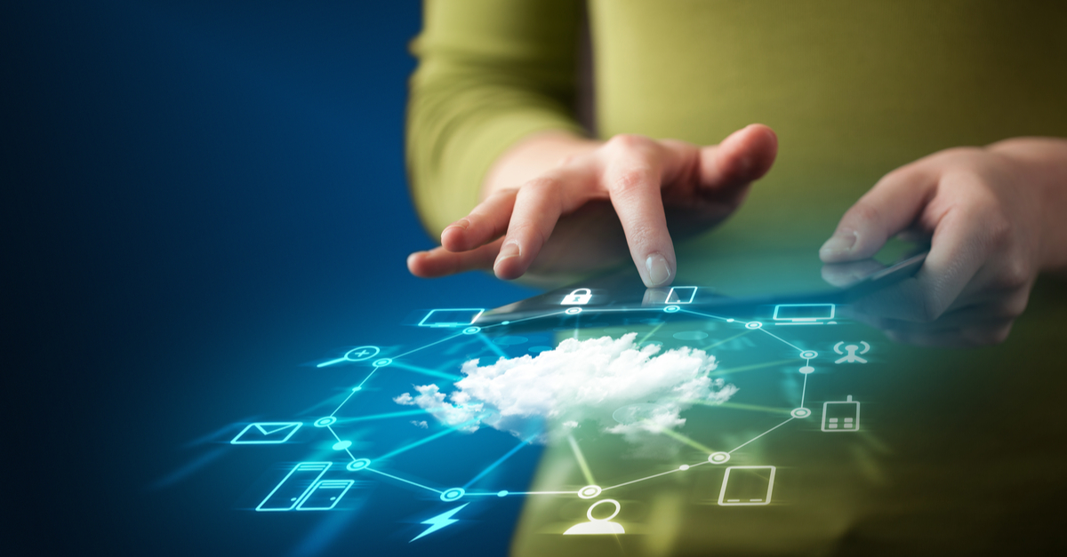 A woman with a smartphone featuring a cloud icon, set on a blue background.