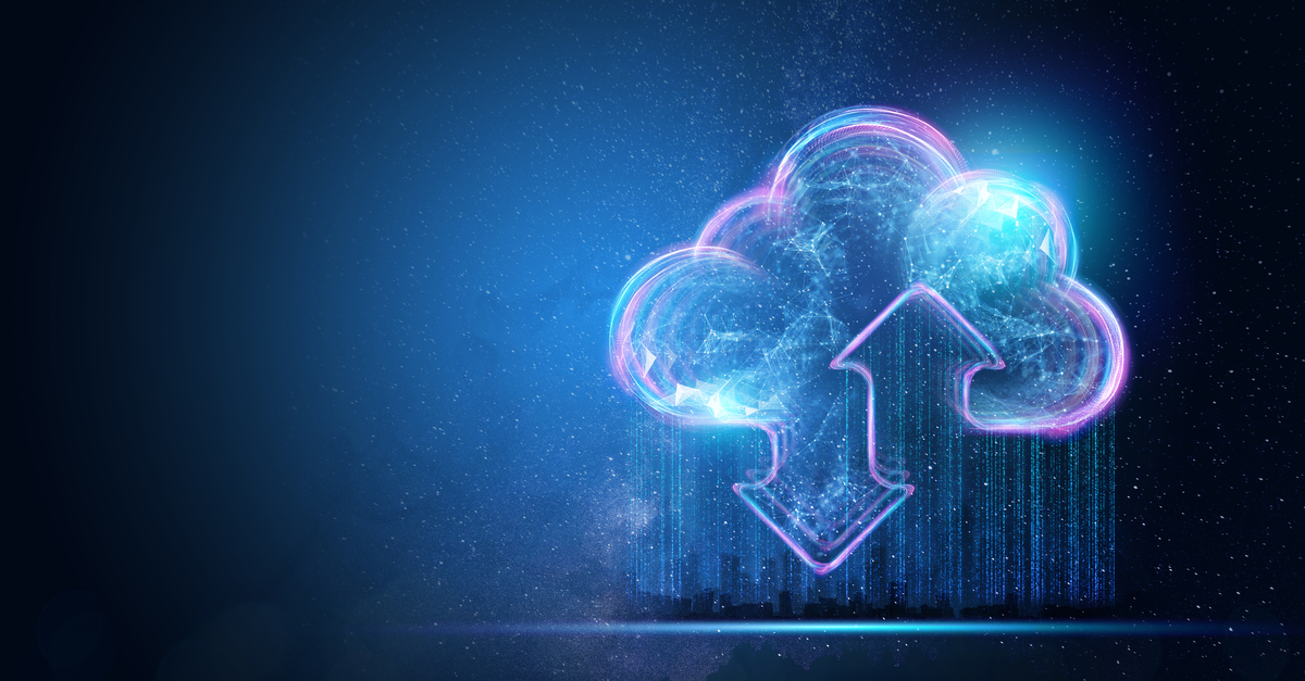 Cloud computing concept featuring an arrow pointing to a cloud, symbolizing data transfer and storage in the cloud.