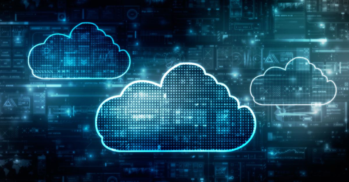 A digital illustration representing cloud computing as the future of business, featuring cloud icons and data connections.