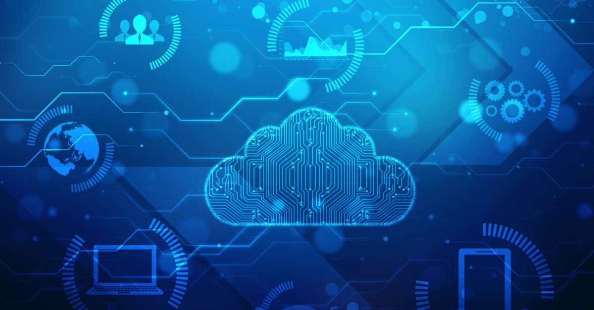 Visual representation of cloud computing, showcasing clouds with data streams and icons symbolizing digital connectivity.
