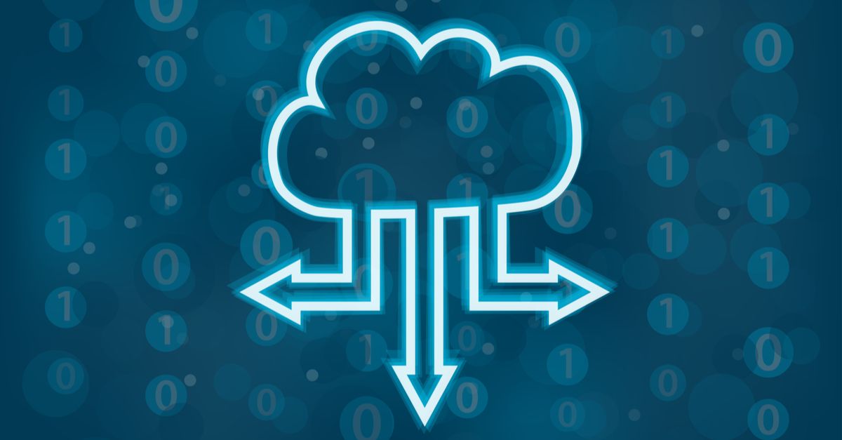 Visual representation of cloud computing, showcasing devices connected to a cloud with data transfer symbols.