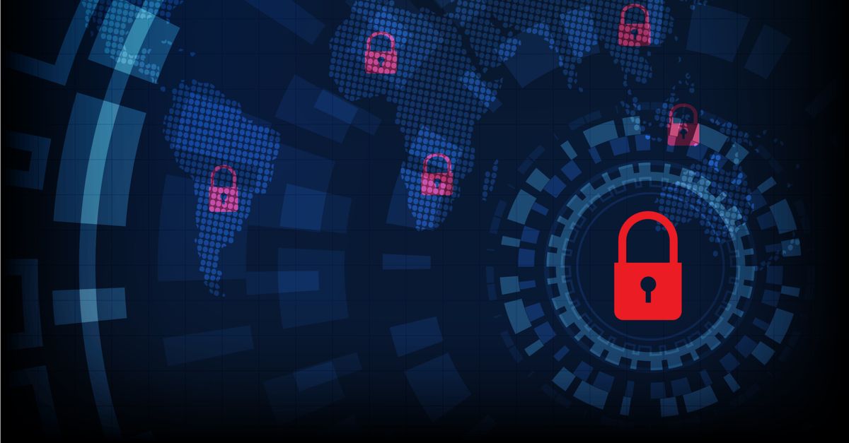 A padlock surrounds a globe, representing the concept of securing the world and safeguarding data.