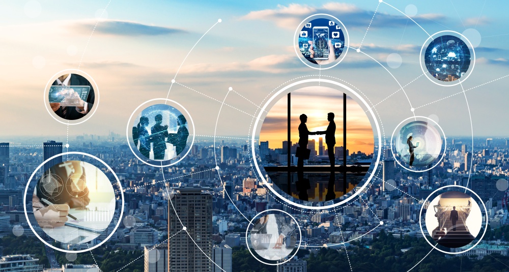 Group of business people in an urban environment, with social media icons illustrating their online networking.