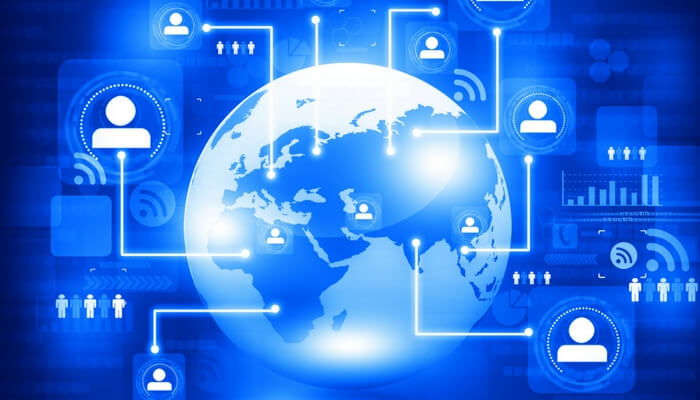 Social network concept featuring a globe and icons on a blue background, symbolizing global connectivity and communication.