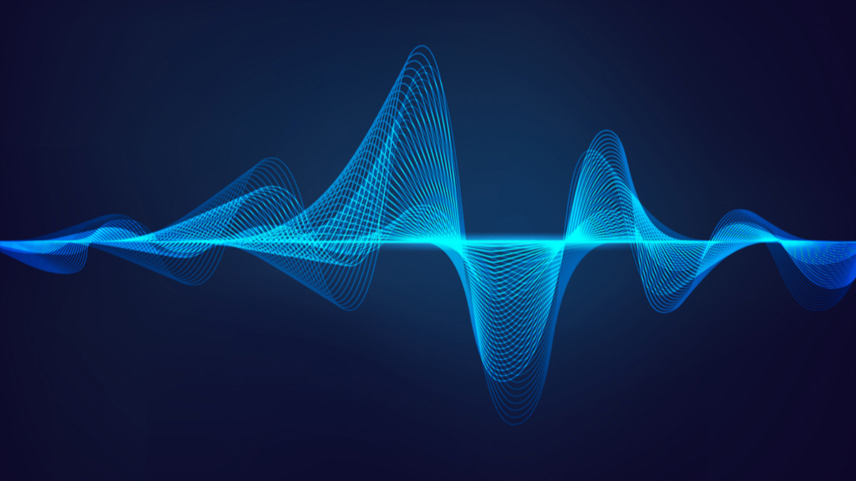 Sound wave background featuring dynamic blue lines creating a rhythmic visual pattern.