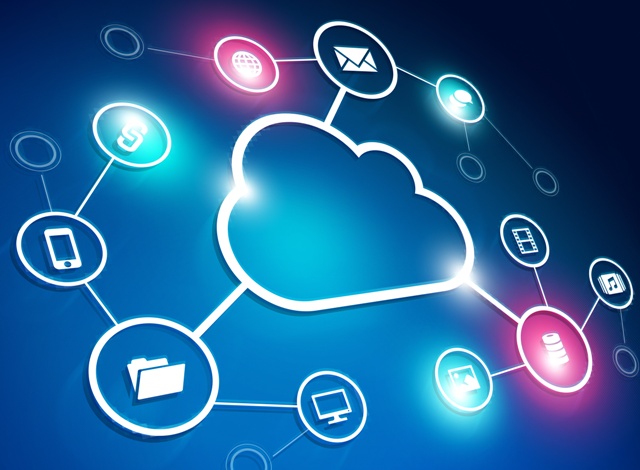 Visual representation of cloud computing with multiple icons set against a blue background, symbolizing digital services.