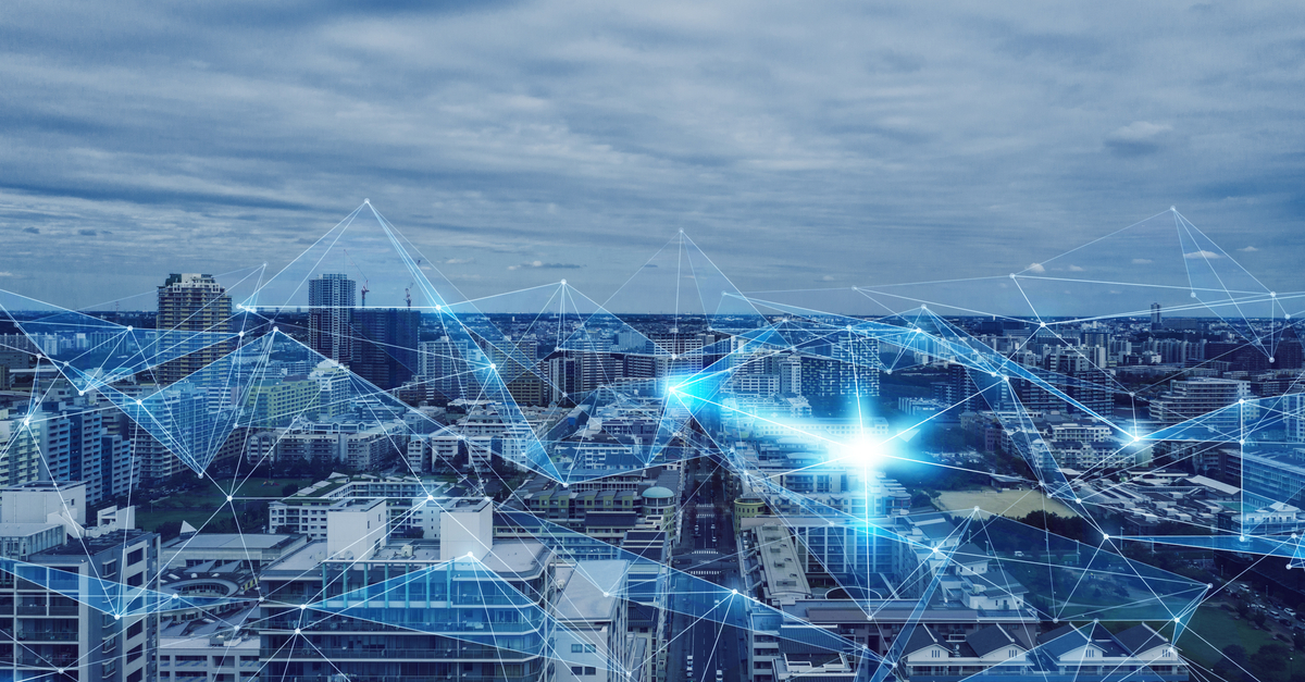 A digital cityscape illustrating connectivity to the internet and global networks, symbolizing modern urban life.