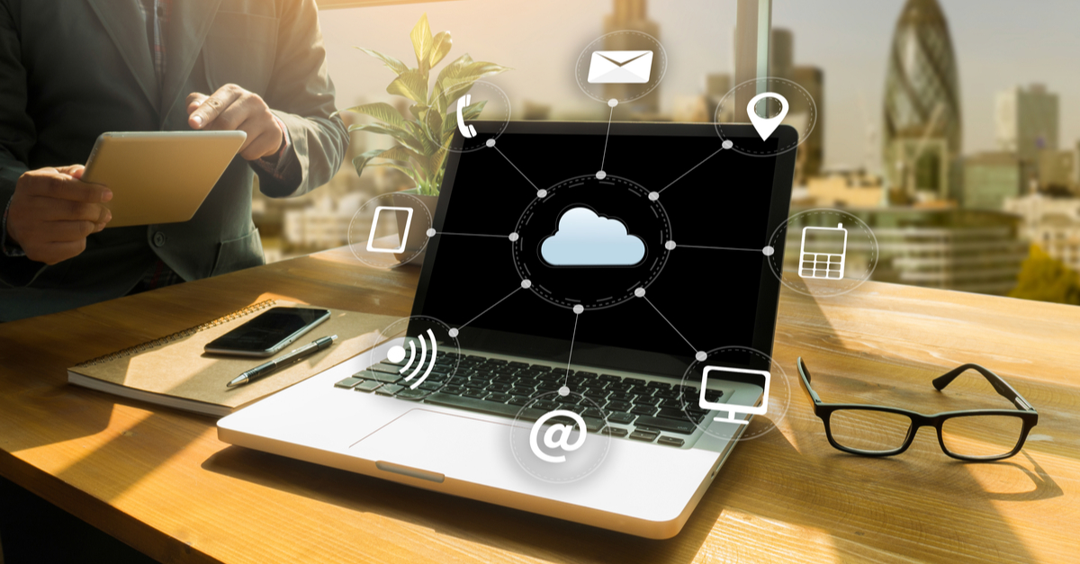An infographic showing cloud computing's role in enhancing business operations, featuring charts and network connections.