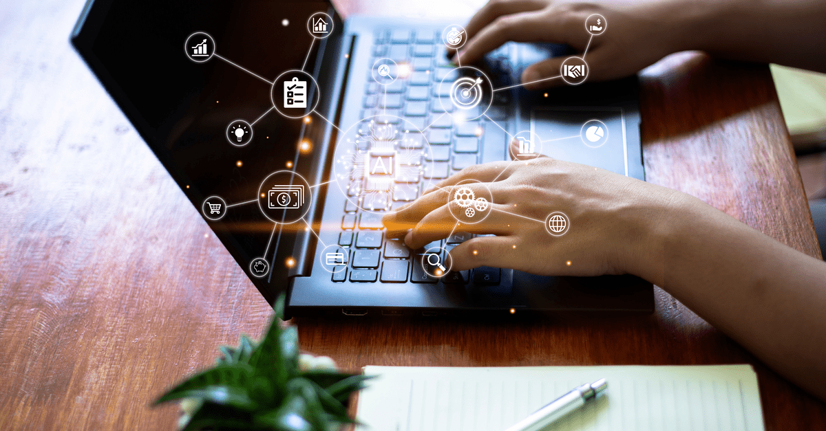 A man engaged in typing on a laptop, with social media icons displayed, highlighting artificial intelligence's impact on connectivity.