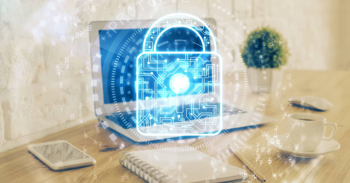 A laptop with a padlock icon on the screen, representing cybersecurity and restricted access.