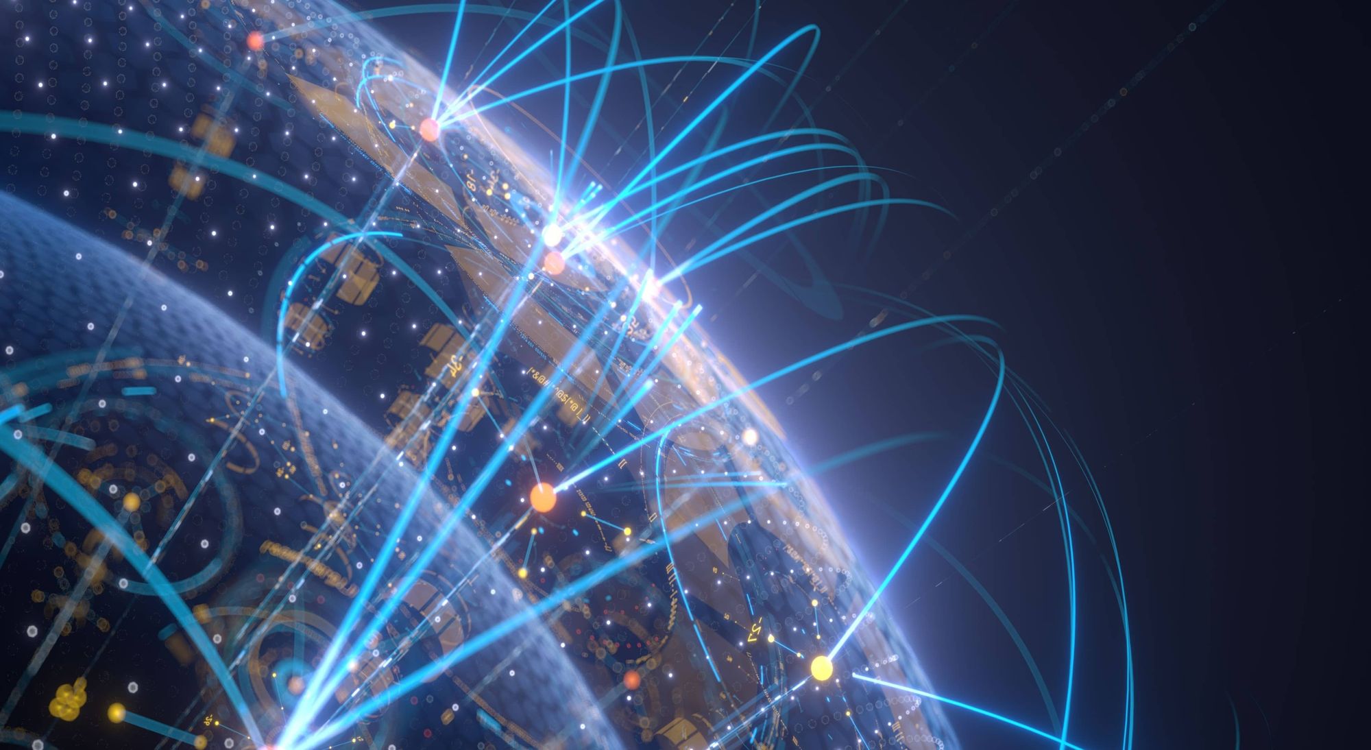 The Earth is depicted with numerous lines and connections radiating outward, symbolizing global networks and communication.