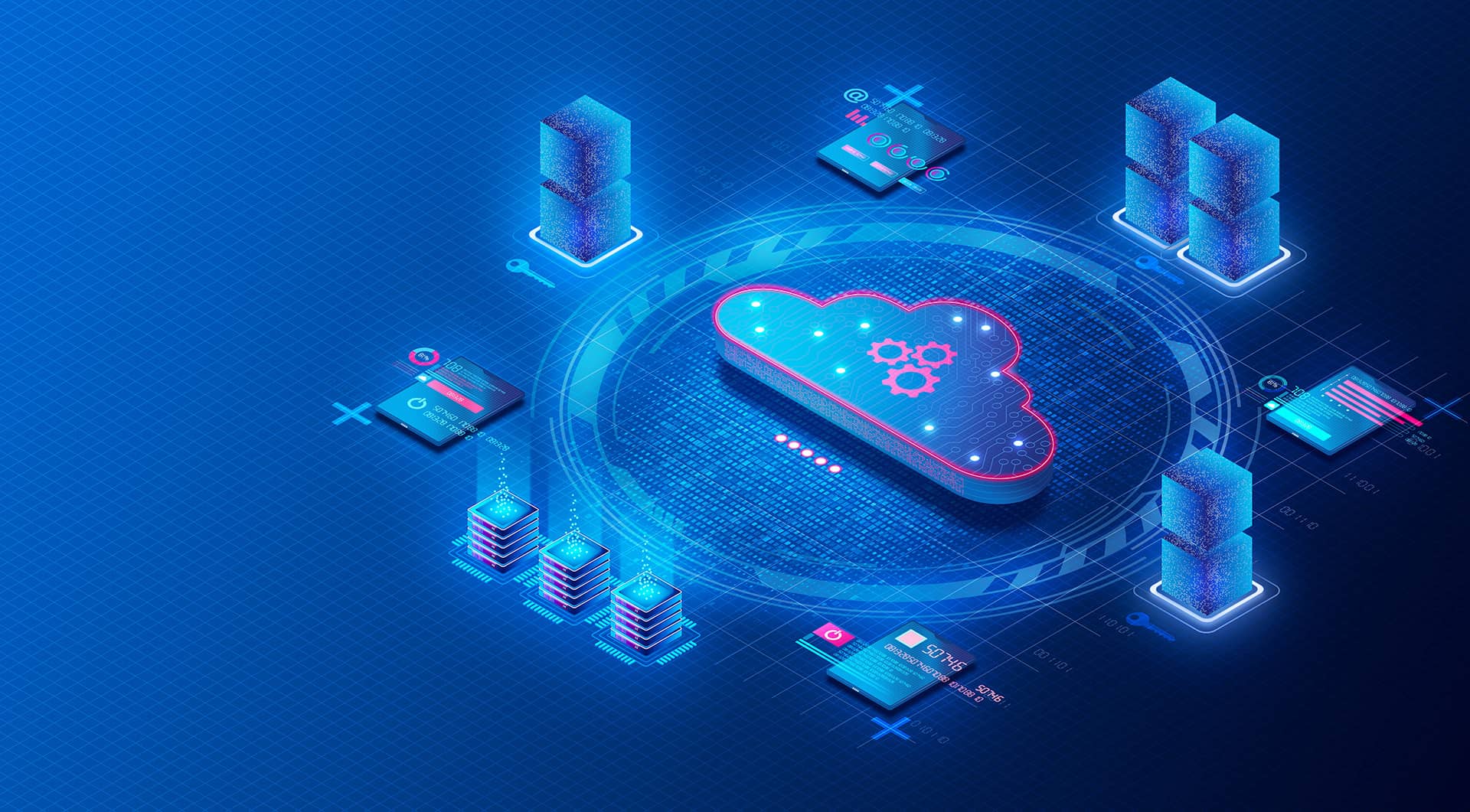 A central cloud icon representing a cloud computing system, surrounded by abstract digital elements.