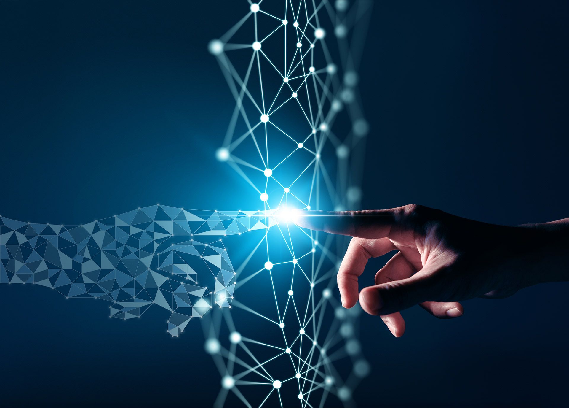 A hand reaching out to touch a digital connection symbolizing communication between two people.