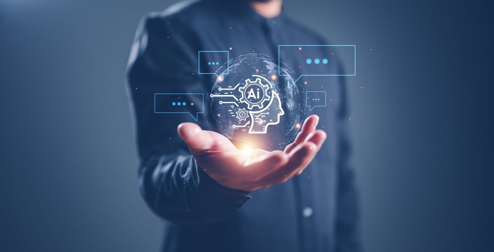 Individual presenting a futuristic concept with a human brain in hand, representing the intersection of AI and human intelligence.