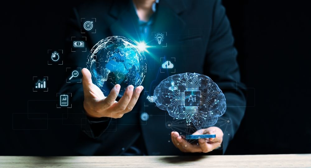 A businessman holding a smartphone and a digital globe, featuring a brain icon, representing technology and intelligence.