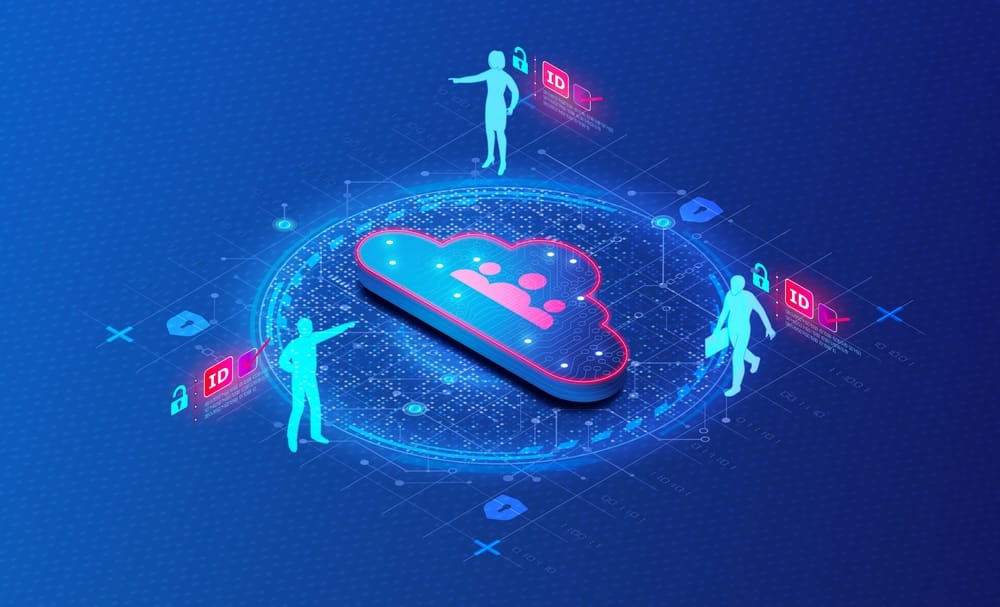 Isometric illustration of cloud computing with people interacting around a cloud icon, symbolizing digital collaboration.