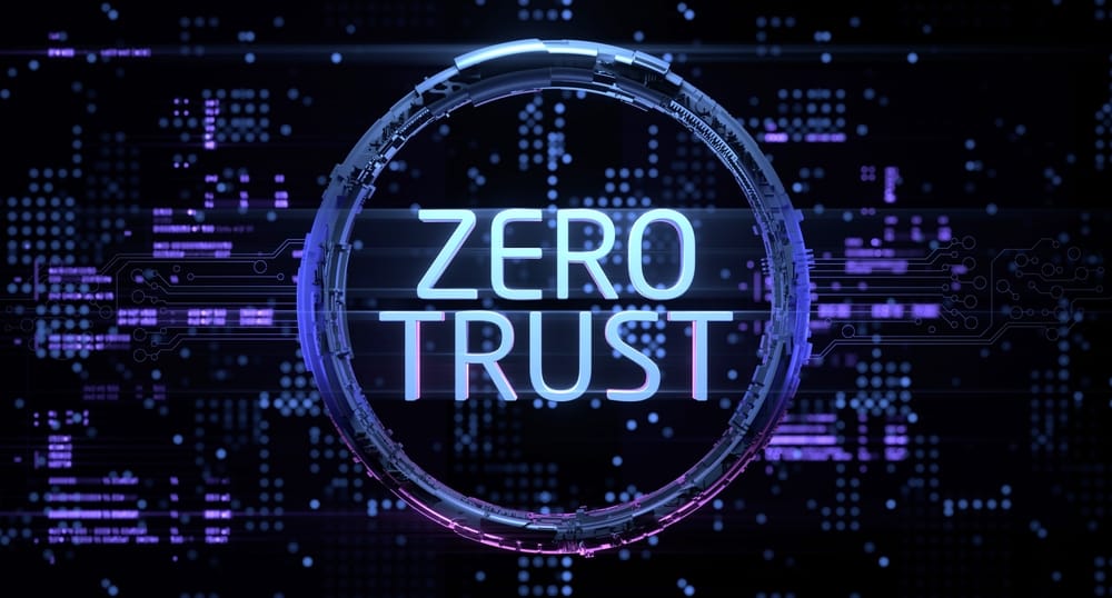 Digital background featuring the Zero Trust logo, representing a security framework for protecting data.