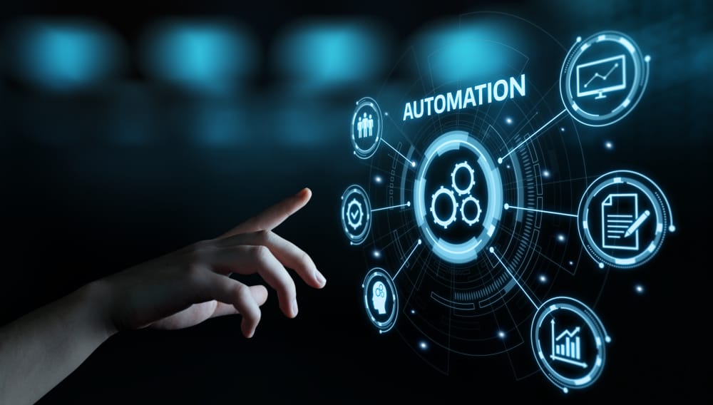 Futuristic interface displaying automation concepts with digital elements and graphs illustrating advanced technology.