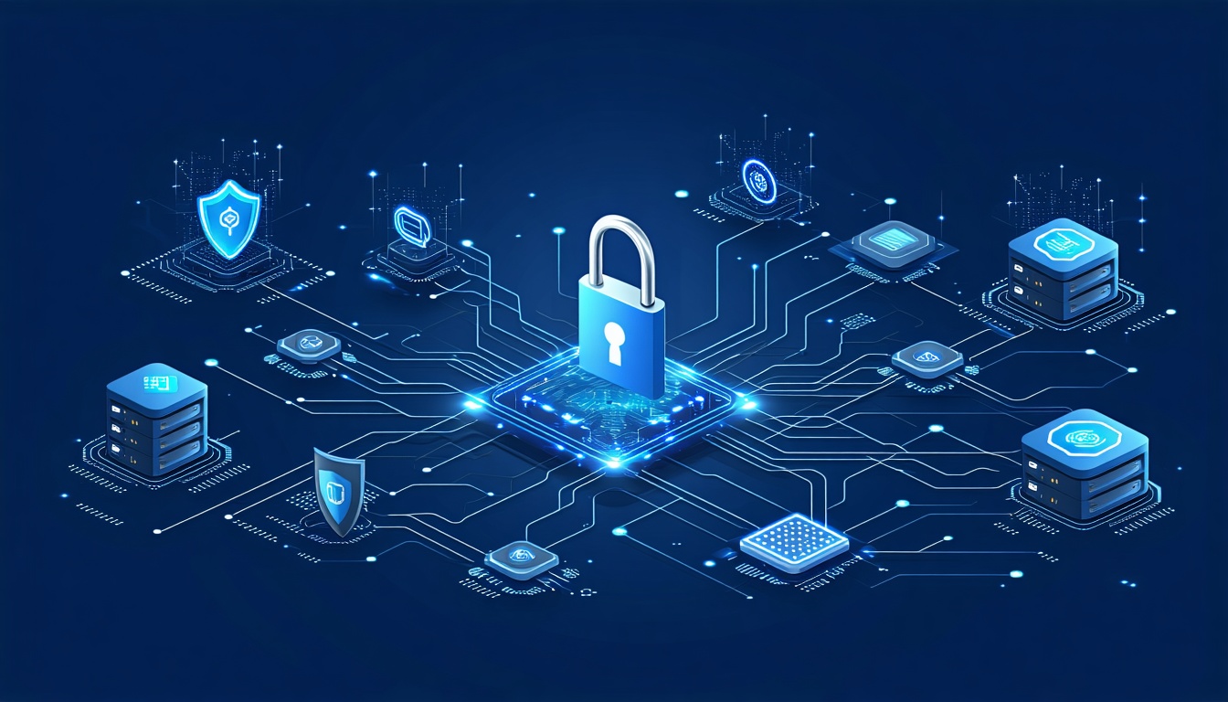 An illustration of a lock and padlock surrounded by a network, representing the concept of security in interconnected systems.