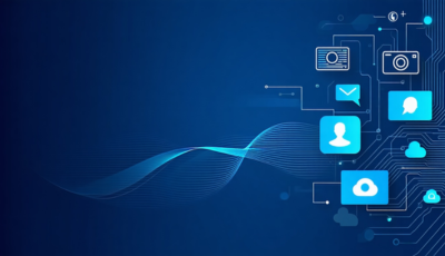 Illustration of the future of digital transformation through cloud and communication icons.