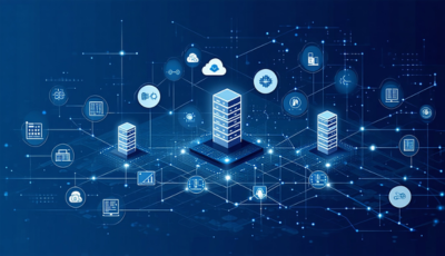 Visual depiction of advanced interconnected servers and cloud systems in a futuristic setting.