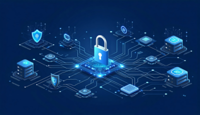 An illustration of a lock and padlock surrounded by a network, representing the concept of security in interconnected systems.