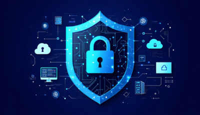 A shield and padlock symbolizing protection against cyber attacks for businesses.
