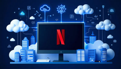 A monitor shows Netflix streaming, illustrating its web availability with cloud connectivity.