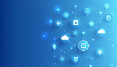 A futuristic representation of cloud computing technology with interconnected data nodes and digital interfaces.
