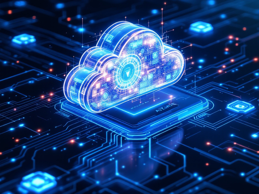 A digital illustration representing cloud computing as the future of business, featuring cloud icons and data connections.