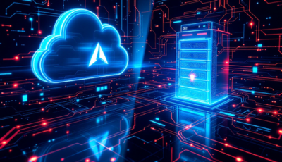 Illustration of cloud computing with a modern data center infrastructure showcasing servers and network connections.