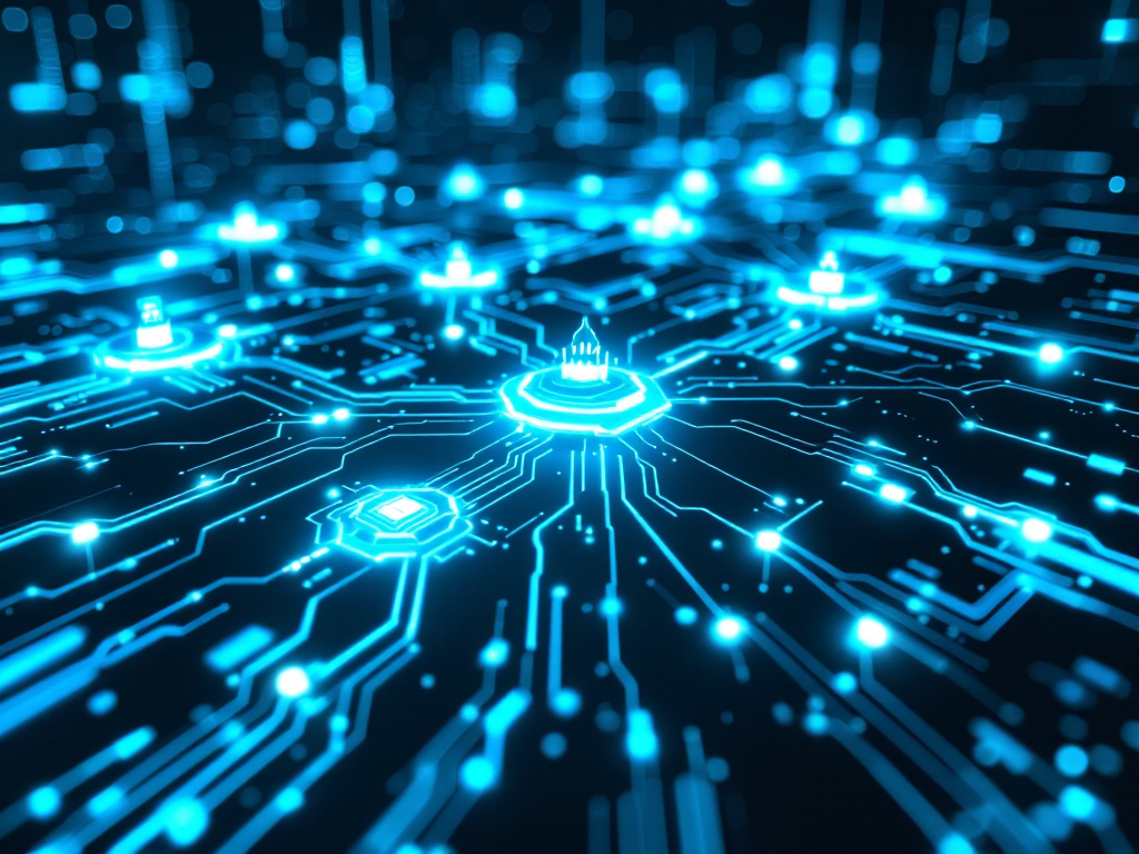 3D rendering of a circuit board illuminated by blue lights, showcasing intricate pathways and electronic components.