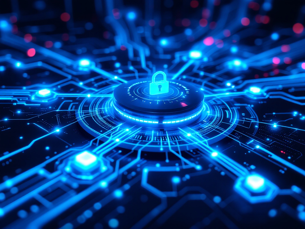A blue digital circuit design featuring a prominent padlock symbolizing security and protection of data.