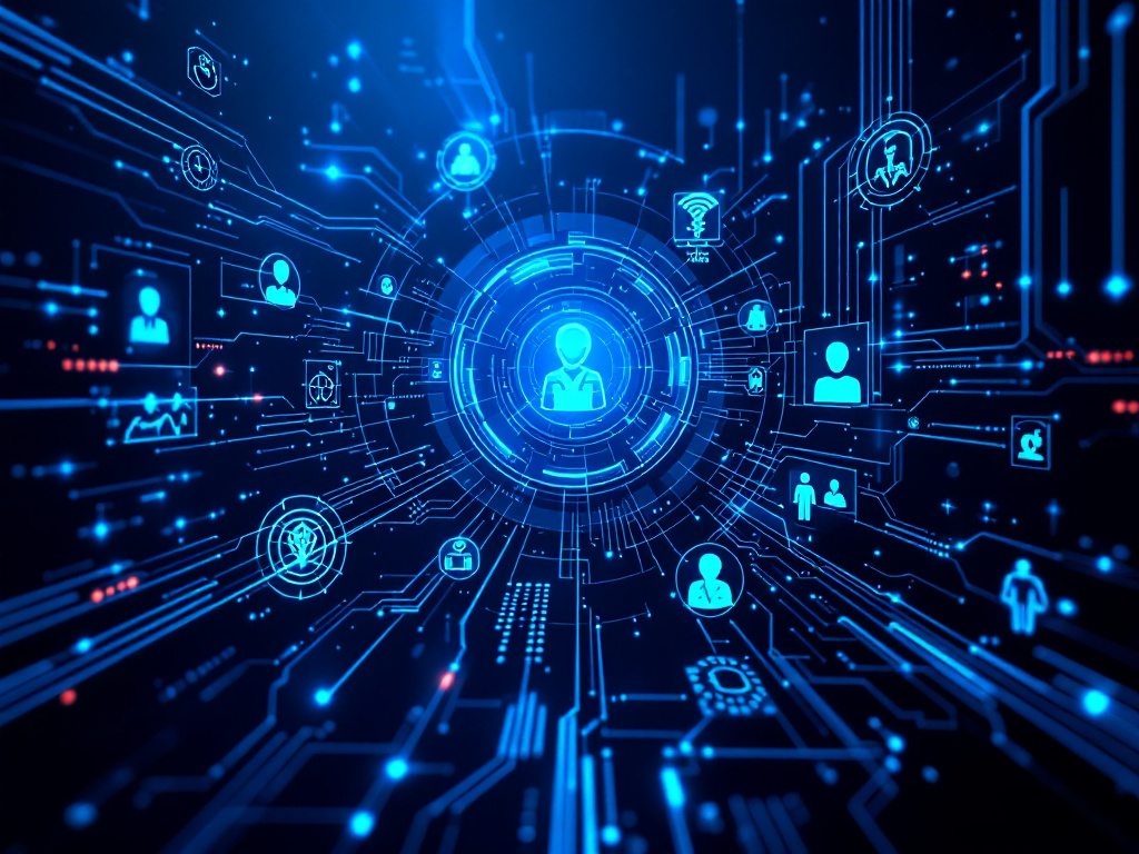 A futuristic network background featuring numerous people interconnected through digital lines and nodes.