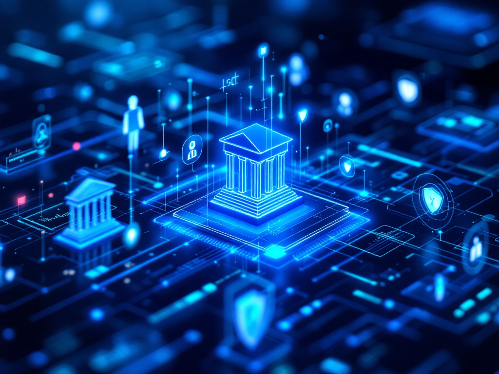 A futuristic bank building with digital blockchain graphics overlay, symbolizing innovation in banking technology.