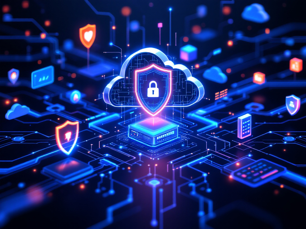 Illustration of cloud computing security, featuring a shield and data protection symbols against a cloud background.