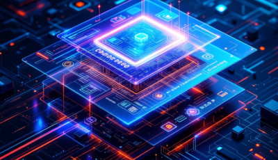 A 3D computer chip with a radiant glow, highlighting its detailed design and advanced technological features.