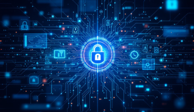 An abstract illustration symbolizing the evolution of cybersecurity, featuring digital locks and network connections in a modern design.