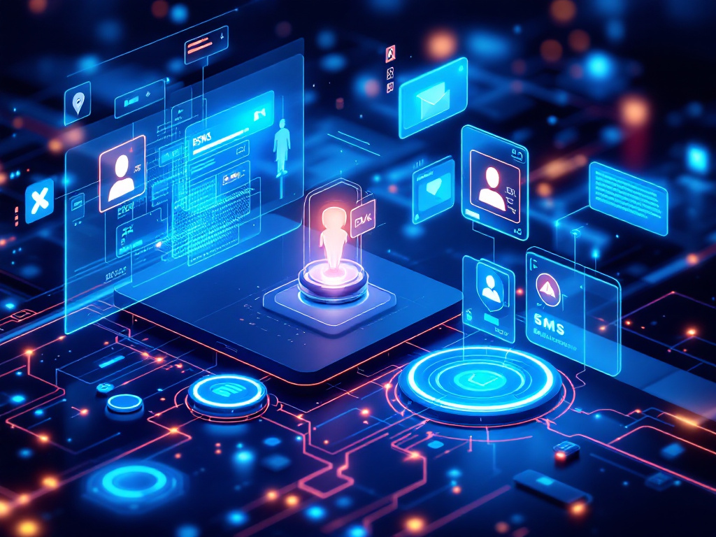 Digital interface featuring various icons representing applications and functions on a sleek, modern background.