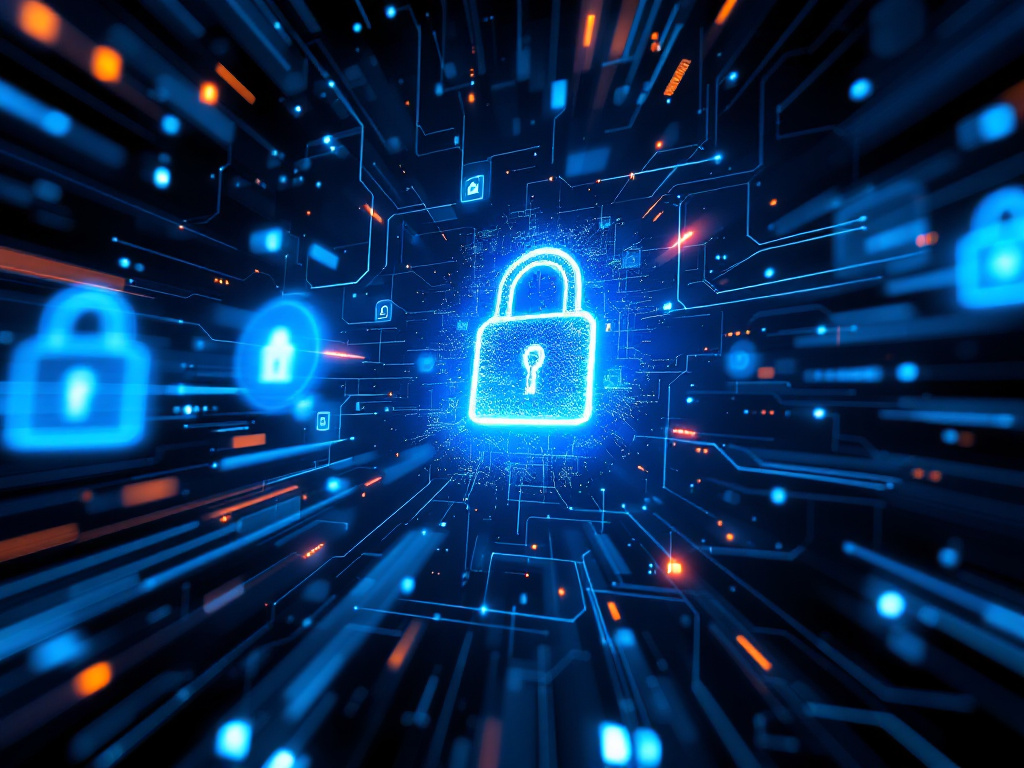 A padlock surrounded by various digital symbols, representing cybersecurity and data protection concepts.