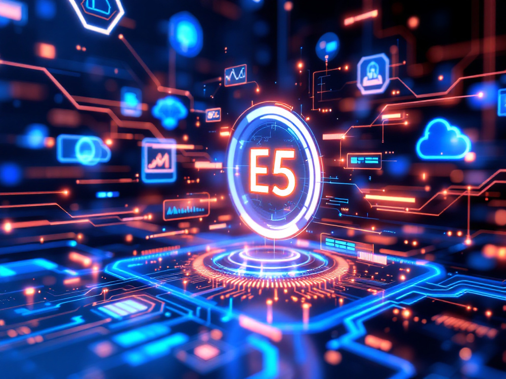 Image representing the 5th generation of cloud computing, featuring Microsoft 365 E5 branding and modern digital elements.